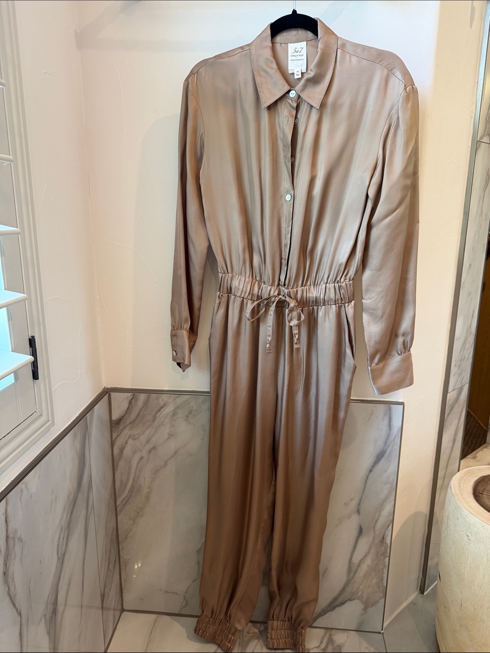 cinq a sept Taupe Silk-Blend Button Front Jumpsuit